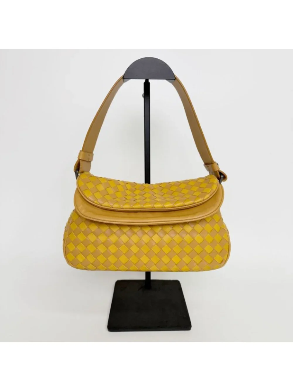 Bottega Veneta Intrecciato Flap Shoulder Bag Leather Yellow Camel Vintage